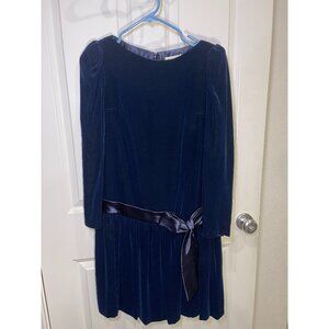 Vintage Navy Blue Velvet Dress Long Sleeve Pleated Skirt Satin Waist Tie